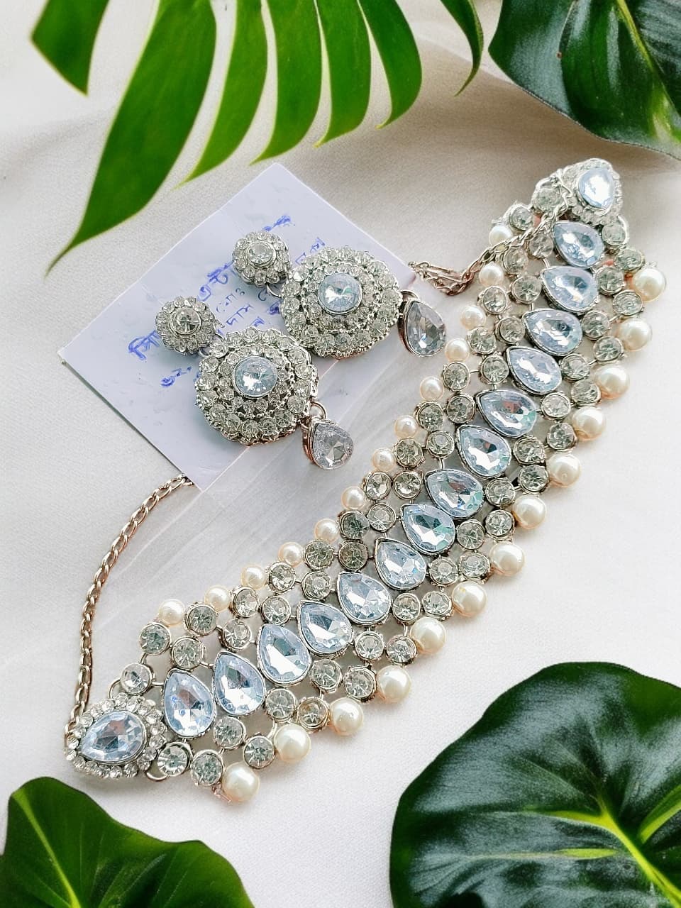 Royal pearl crystal bridal necklace set with matching earrings