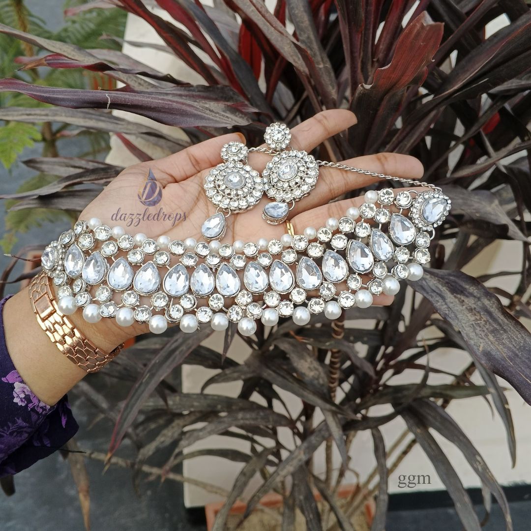 Royal pearl crystal bridal necklace set with matching earrings — view 2