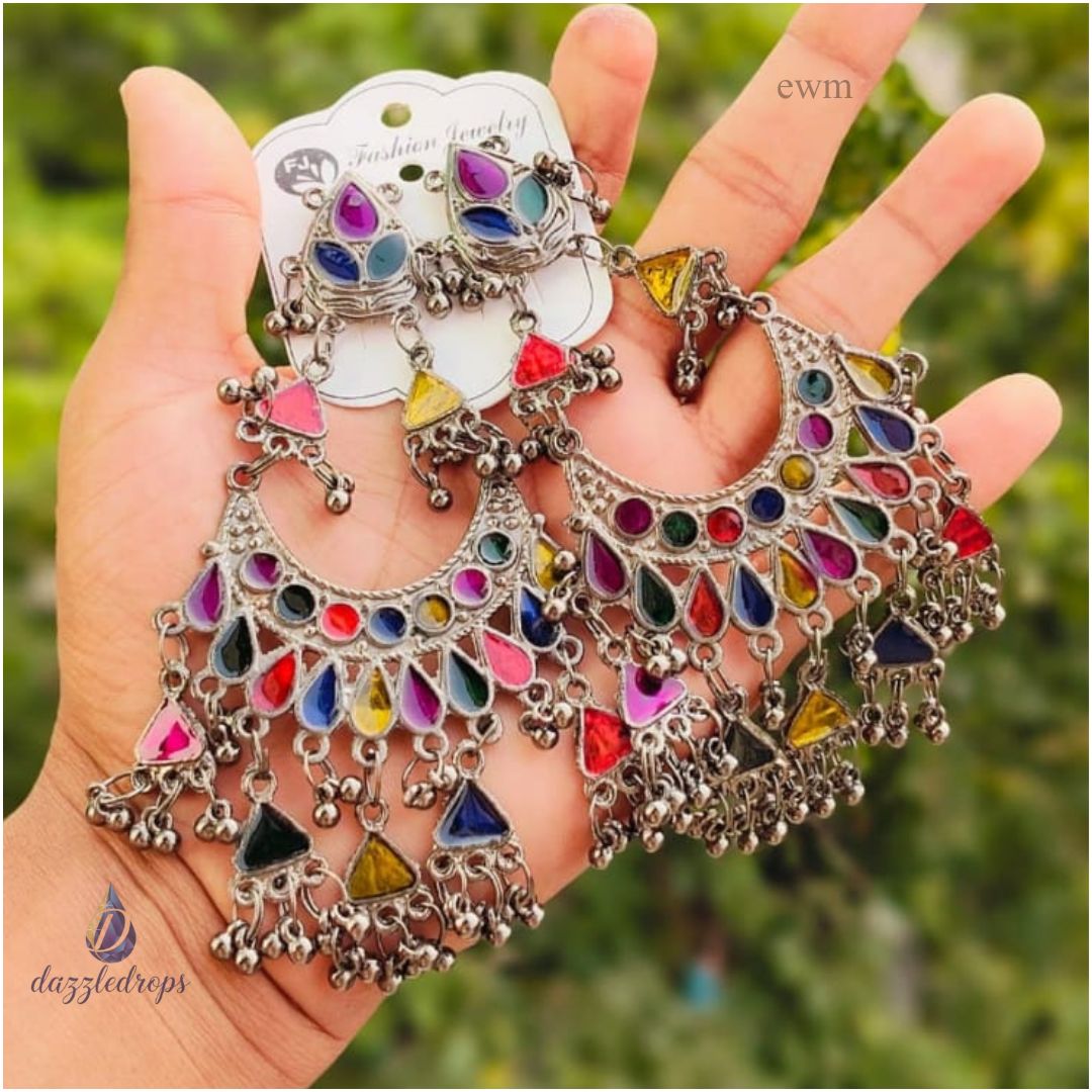 Multicolor oxidized ghungroo jhumka earrings with colourful stones and dangling bells