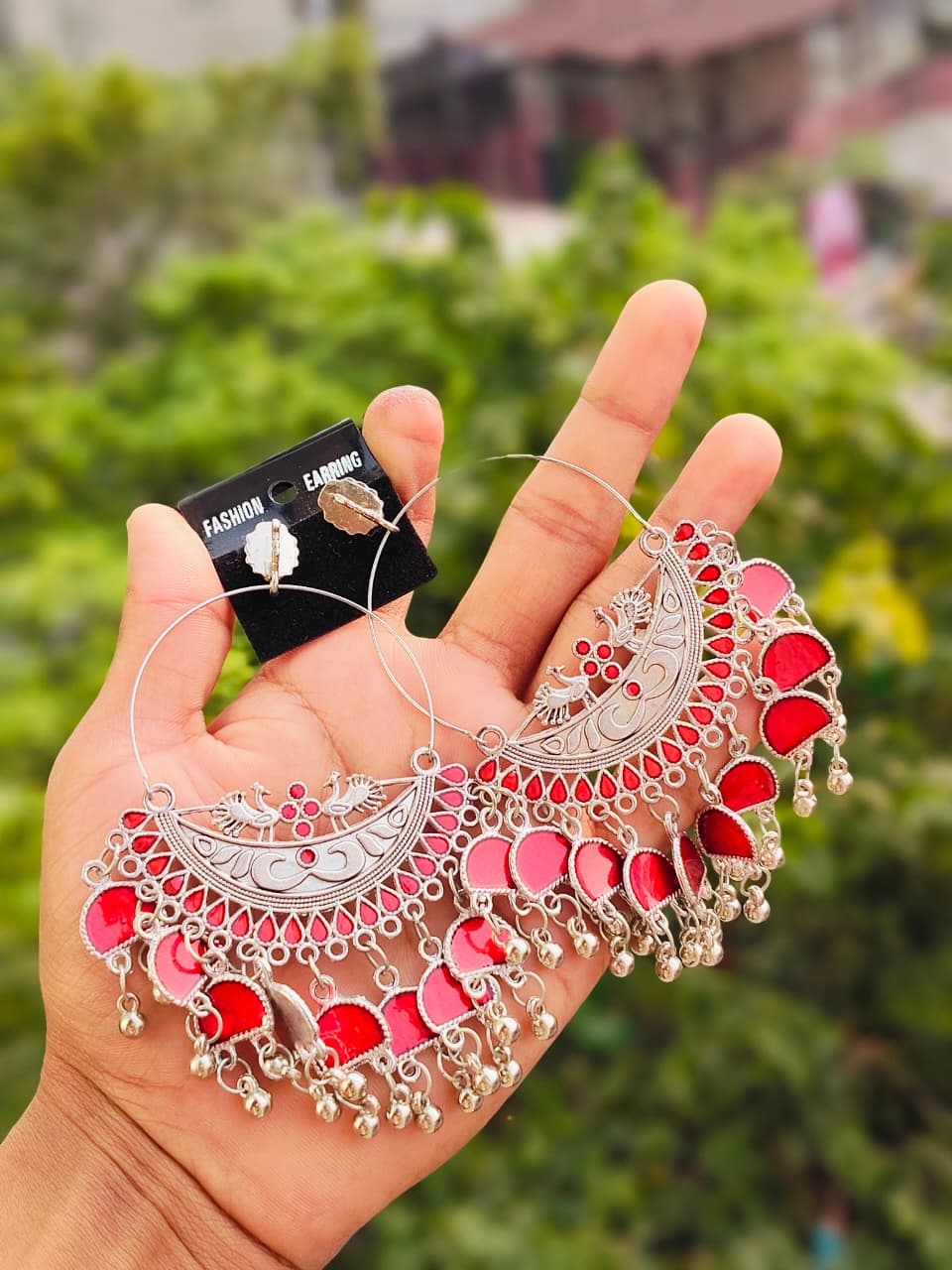 Indian Joypuri ruby red silver peacock chandbali jhumka hoop earrings