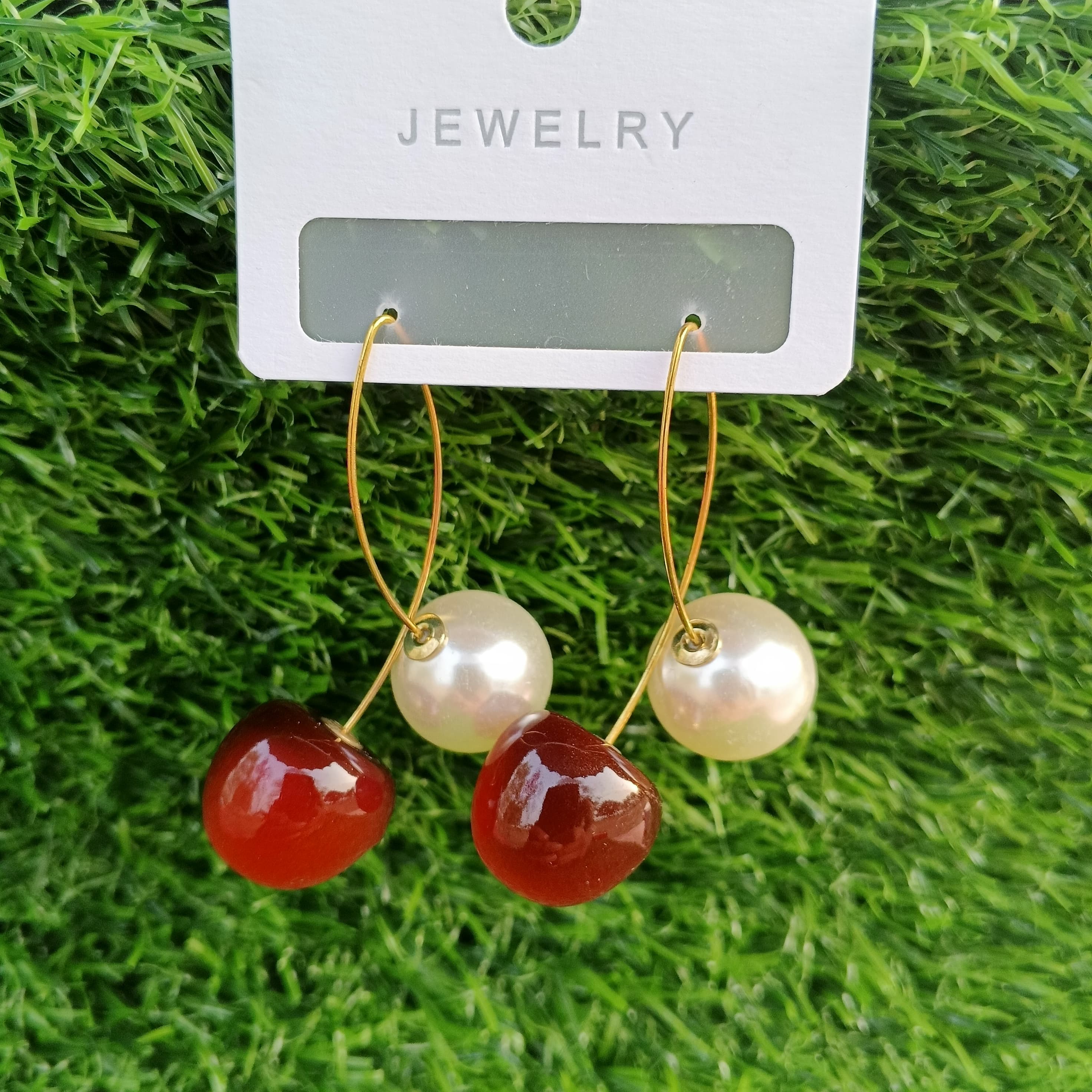 Korean style gold hoop drop earrings with glossy red cherry and white pearl