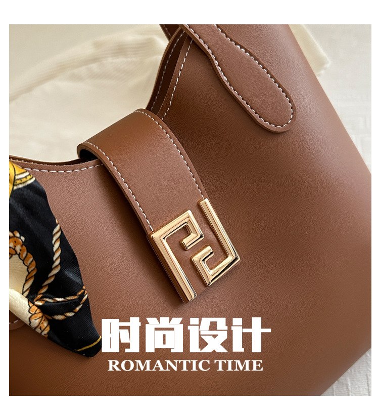 Tan brown PU leather shoulder tote bag with silk scarf ribbon accent and gold buckle closure — view 2