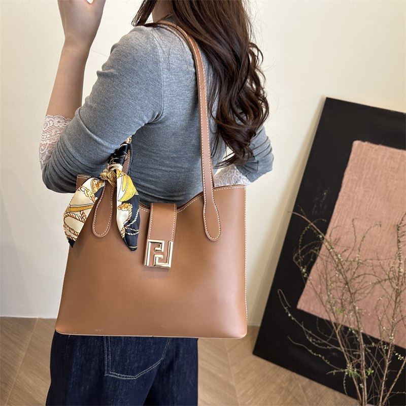 Tan brown PU leather shoulder tote bag with silk scarf ribbon accent and gold buckle closure — view 3